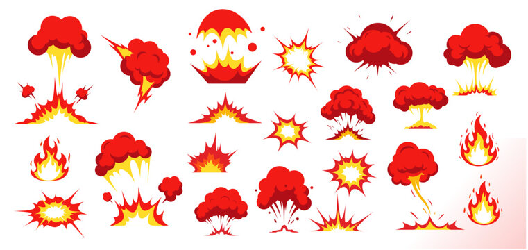explosion or blast illustration set. exploding bomb reflecting boom, bang, burst effects. blowing, flame, explode, blaze etc concept. EPS explosions with smoke and blast effects.