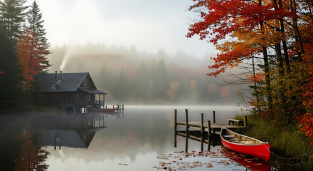 Serene autumn morning mist shrouds a lakeside cabin, reflected in still water, with a canoe at a wooden dock.