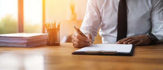 The businessman writing notes in a modern office environment during sunset.