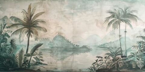 Wallpaper serene tropical landscape painting in pastel tones