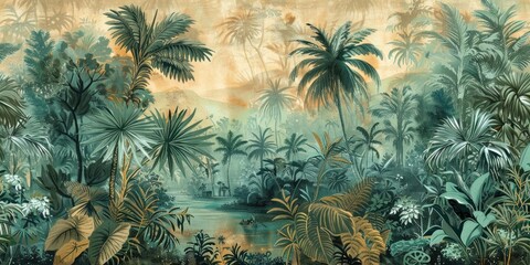Wallpaper serene tropical landscape painting in pastel tones
