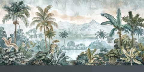 Wallpaper serene tropical landscape painting in pastel tones