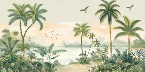 Wallpaper serene tropical landscape painting in pastel tones