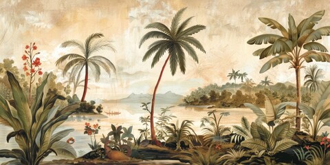 Wallpaper serene tropical landscape painting in pastel tones