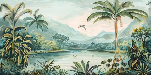 Wallpaper serene tropical landscape painting in pastel tones