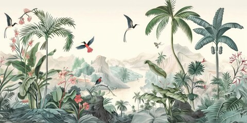 Wallpaper serene tropical landscape painting in pastel tones
