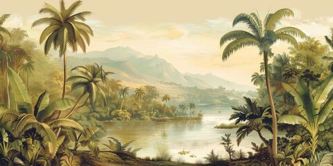 Wallpaper serene tropical landscape painting in pastel tones