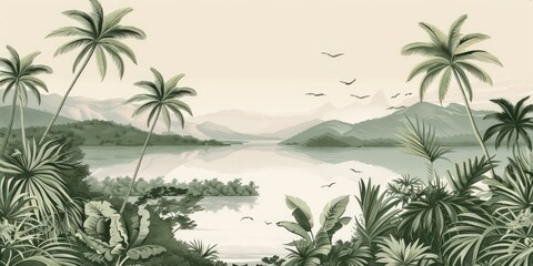Wallpaper serene tropical landscape painting in pastel tones