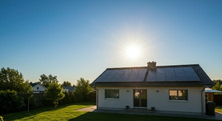 Modern house with solar panels on roof, bathed in sunlight, showcasing energy efficiency and a tranquil backyard setting