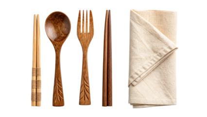  Wooden Cutlery Set and Napkin on White or Transparent Background