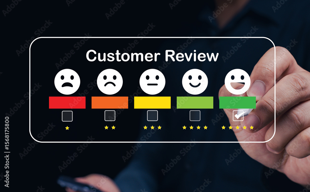 Poster a hand selects the highest rating in a colorful customer review interface, showing five different sm