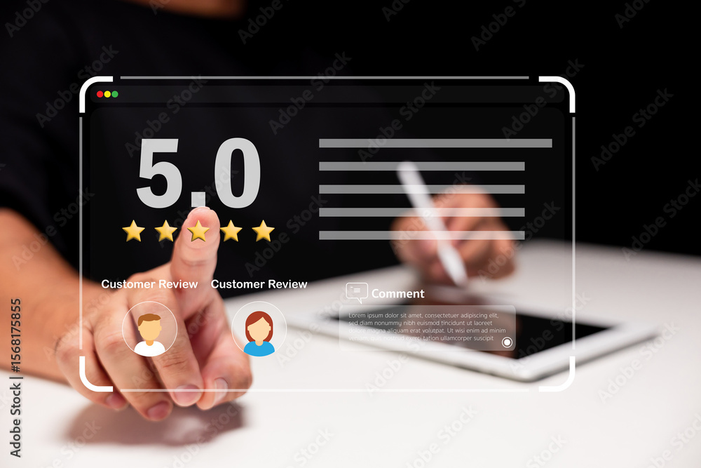 Poster a hand interacts with a digital 5-star customer review interface, highlighting a perfect 5.0 rating 