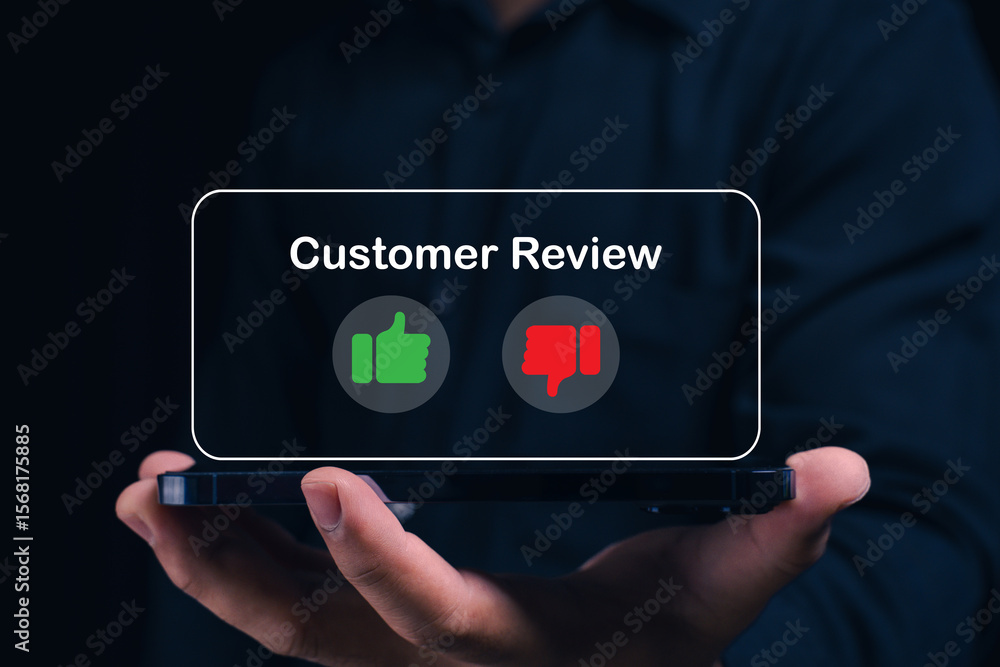 Poster a person holds a smartphone displaying a transparent interface with thumbs-up and thumbs-down icons 