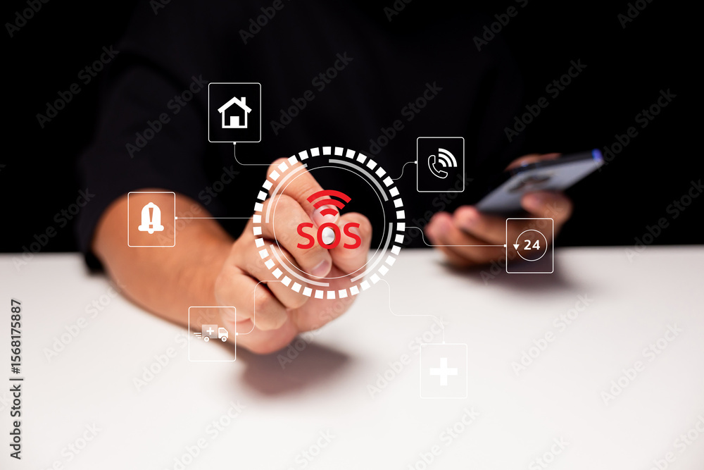 Poster a person uses a smartphone to trigger an sos emergency alert with digital icons representing help, h