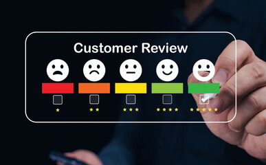 A hand selects the highest rating in a colorful customer review interface, showing five different...