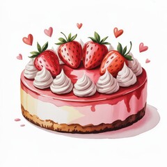Watercolor Illustration of a Delightful Strawberry Cheesecake Topped With Cream and Hearts for a Sweet Celebration