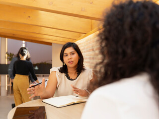 A young woman, of Indian features, sitting talk, with a partner, while exchanging ideas to play her work
