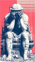 Fototapeta premium artistic duotone pink portrait stylized urban solitude sitting alone bench street art graffiti wall