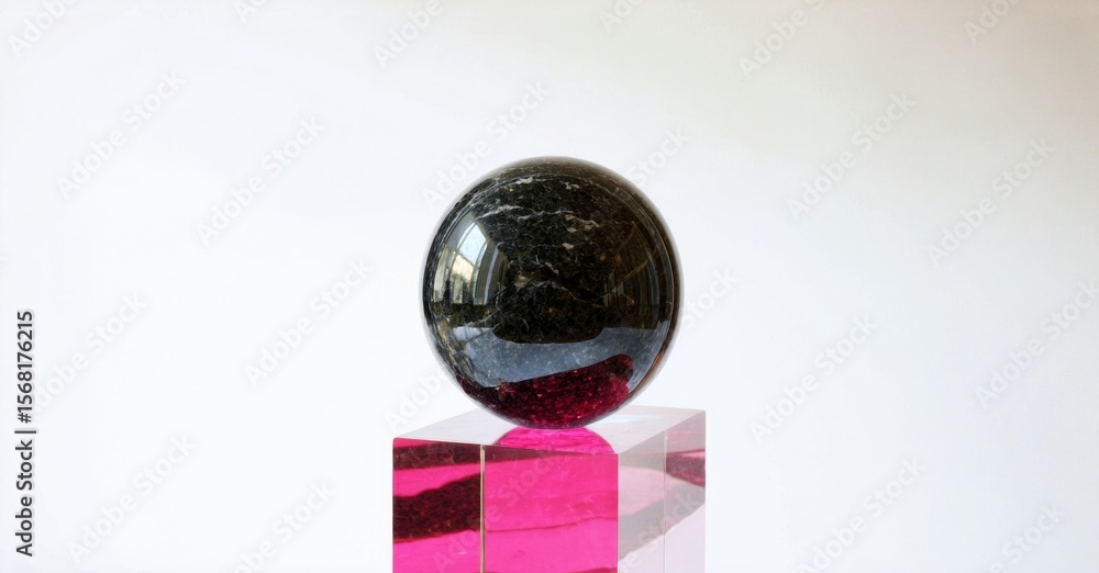 Poster Dark sphere rests upon vibrant pink block. Smooth surfaces reflect light, creating simple composition. Minimalist aesthetic.