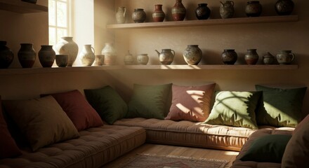Sunlit room with earthenware pottery on shelves and comfy floor cushions
