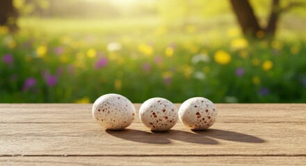 Three speckled eggs on a wooden table, spring blossoms in the background