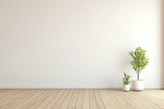 Plants adding a touch of nature to empty room with wooden floor and white wall