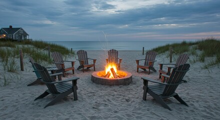 Beach bonfire with Adirondack chairs