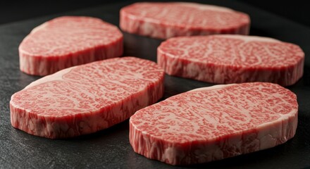 Freshly cut Wagyu beef steaks, arranged artfully on a dark slate surface