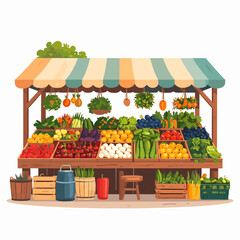 Vibrant Farmers Market Stall Displaying Fresh Vegetables and Fruits Under Striped Awning with Colorful Produce Assortment and Wooden Crate Accents