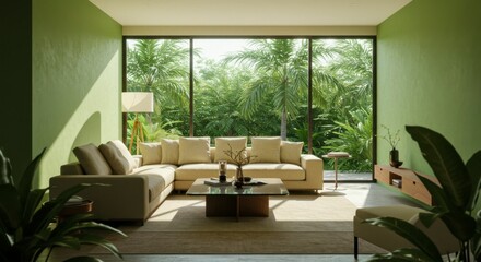 Tranquil living room with L-shaped sofa, glass wall, lush tropical view, natural light, and earthy tones