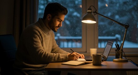 Man working at a desk, snowy night