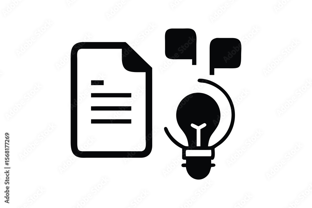 Poster conceptual illustration of a document with text alongside a glowing lightbulb symbolizing a new idea
