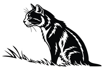 Elegant Black and White Silhouette of a Sitting Cat in Grassy Environment
