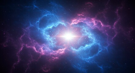 A vibrant cosmic nebula with swirling, luminous clouds of blue and pink energy converge on a brilliant central light source