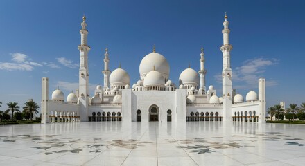 A grand white mosque with multiple domes and tall minarets set against a clear, bright blue sky