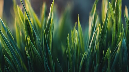 Fresh green grass blades with intricate texture, symbolizing nature's delicate beauty and vitality