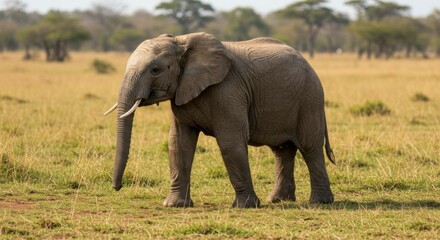 A young elephant stands in a grassy savanna, its trunk slightly lowered. The background features distant trees under a clear sky