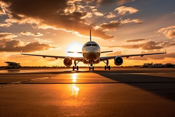 White modern passenger airplane standing on runway during golden hour sunset at airport