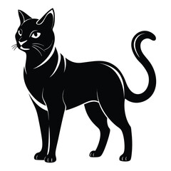 Elegant Silhouette of a Black Cat with a Curled Tail on a White Background