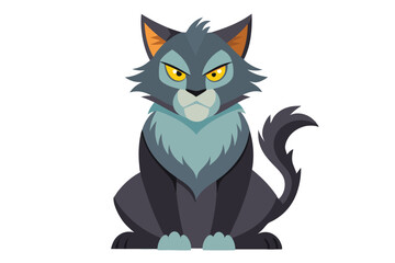 Stylized Illustration of an Angry Dark Grey Cat with Yellow Eyes and Light Blue Fur