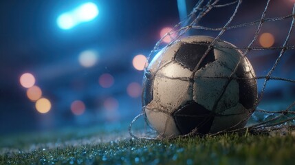The soccer ball resting in the net under vibrant stadium lights at night.