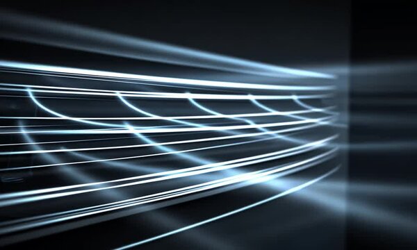 Abstract image with curved glowing lines on a dark background, creating a sense of depth and movement. The lines are bright