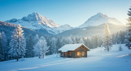 Snowy mountain landscape with a cozy cabin nestled amongst snow-covered evergreen trees bathed in the warm glow of sunrise
