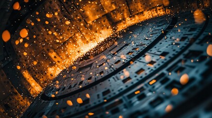 Futuristic tunnel with dramatic sparks illuminating a complex industrial structure in a dynamic and visually striking scene