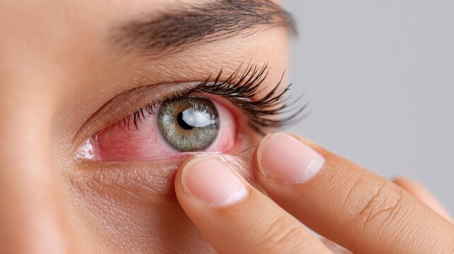 Close-up of woman's irritated red eye, fingers touching lower eyelid.