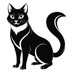 Elegant Black Cat Illustration with White Accents and Curled Tail Design