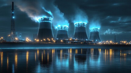 Illuminated industrial cooling towers releasing steam into the night sky, creating a dramatic reflection on the water surface in a nighttime energy production scene.