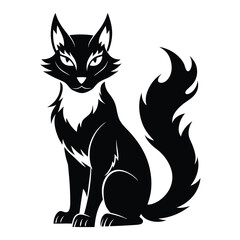 Elegant Black Cat with Fluffy Tail a Striking Feline Silhouette Against a White Background