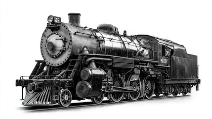 Fototapeta premium Steam engine, glossy black, strong front view, white background, high contrast, museum quality