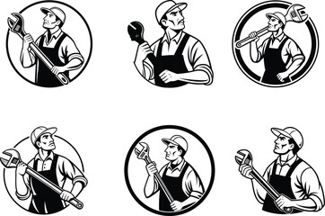 man with sword Plumber Holding Wrench Logo for Business Branding, Blogs, and Services